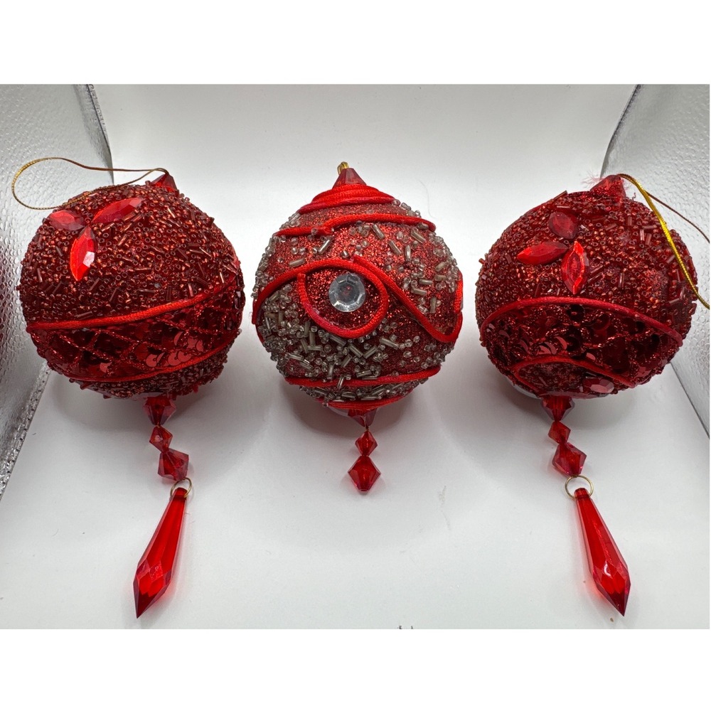 Red Beaded Christmas Ornaments Set of 3 Silver Accents Crystal Dangles